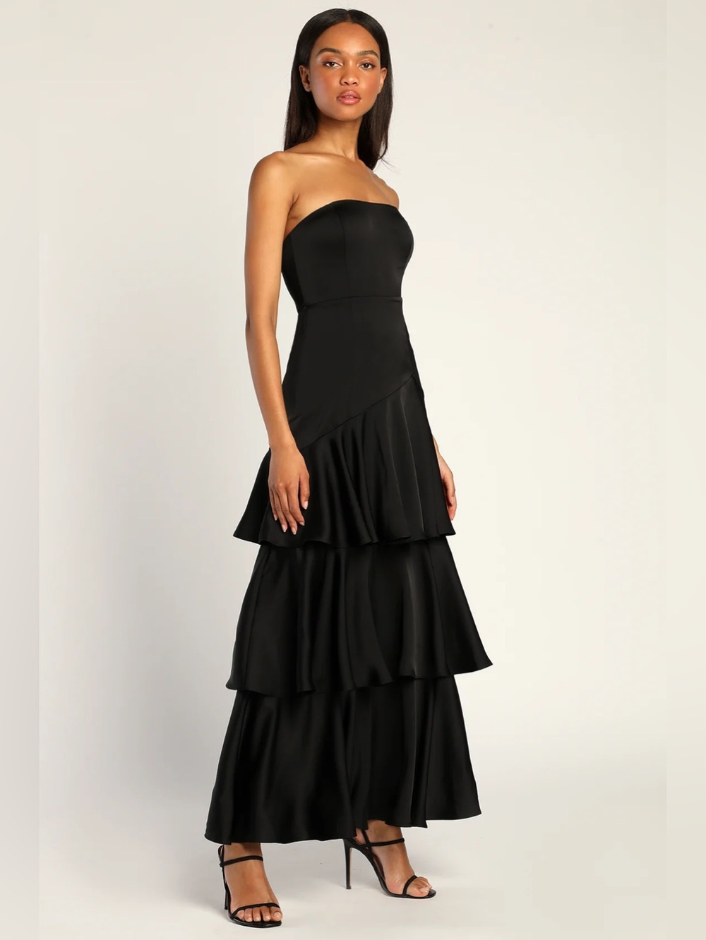 Lulus Blissfully Beautiful Black Satin Strapless Tiered Maxi Dress